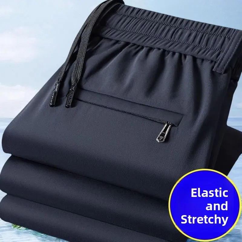 

Qui Dry Ice Silk Zipper ket Men's Summer Thin Breathable Loose Casual Sports Long Pants Workwear Comfortable Straight Leg