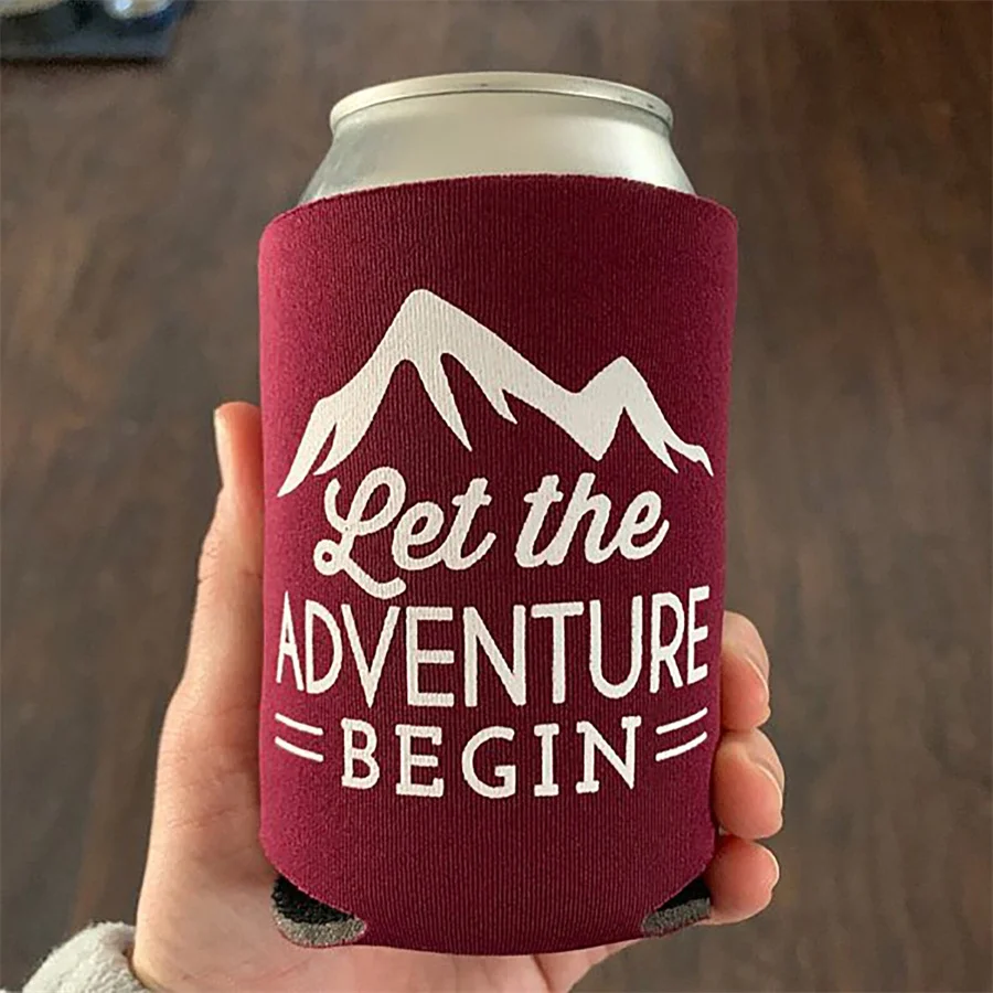 Let The Adventure Begin - Wedding Can Cooler,Custom - Wedding Favors, Beverage Holder Hugger, Wedding Favor, Gift for Guests