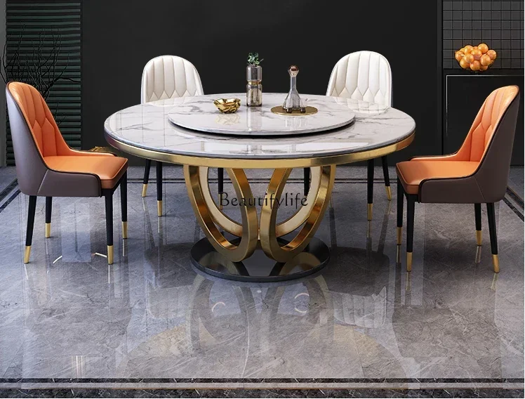 

Marble Light Luxury Dining Tables and Chairs Set Modern Minimalist round Table with Turntable round