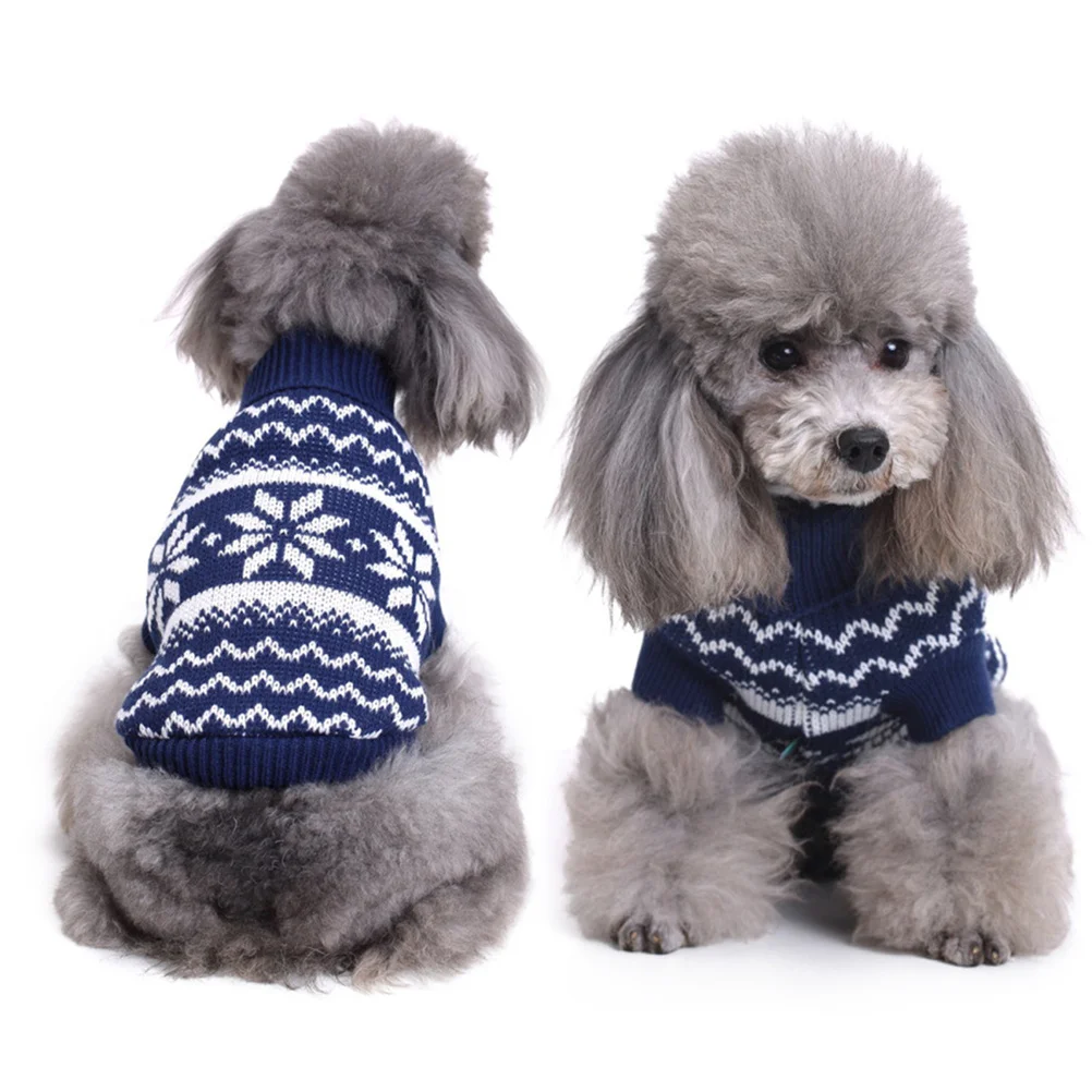 

Warm Thick Christmas Pet Sweater Snowflake Pattern Turtleneck Blue Size S Dog Winter Clothes Festive Costume Pet Sweater