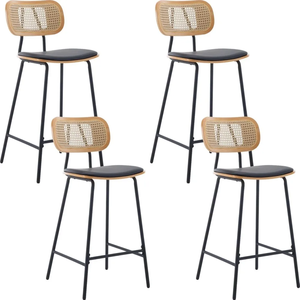 

Mid-Century Bar Stools Set of 4, 26 Inch PU Leather Barstools with Open Rattan Backrest Metal Legs Armless Bar Chairs for Kitche
