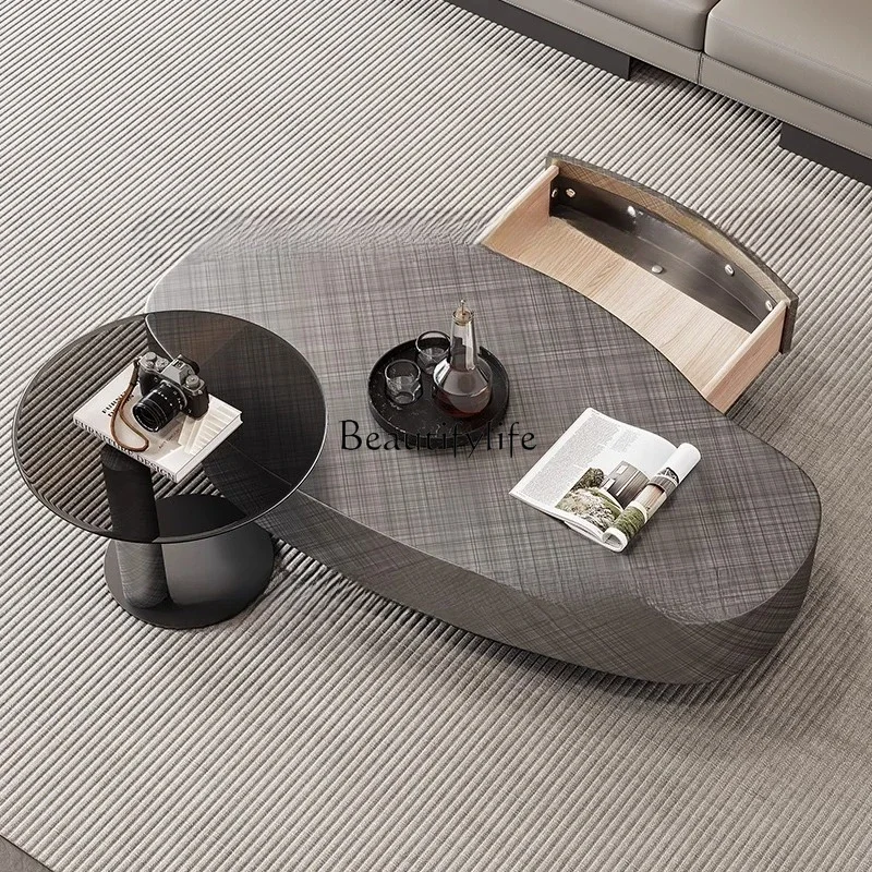 

yj5 Italian tempered glass light luxury special-shaped coffee table with drawers simple stainless steel edge table