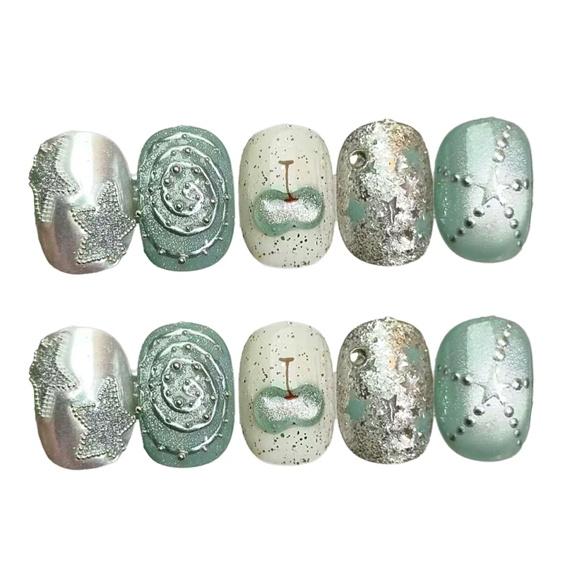 

24PCS Silver Mint Green Short Square Press on Nails 3D Star Cherry Swirl Pattern Y2K Style Aesthetic Sweet Reusable False Nails