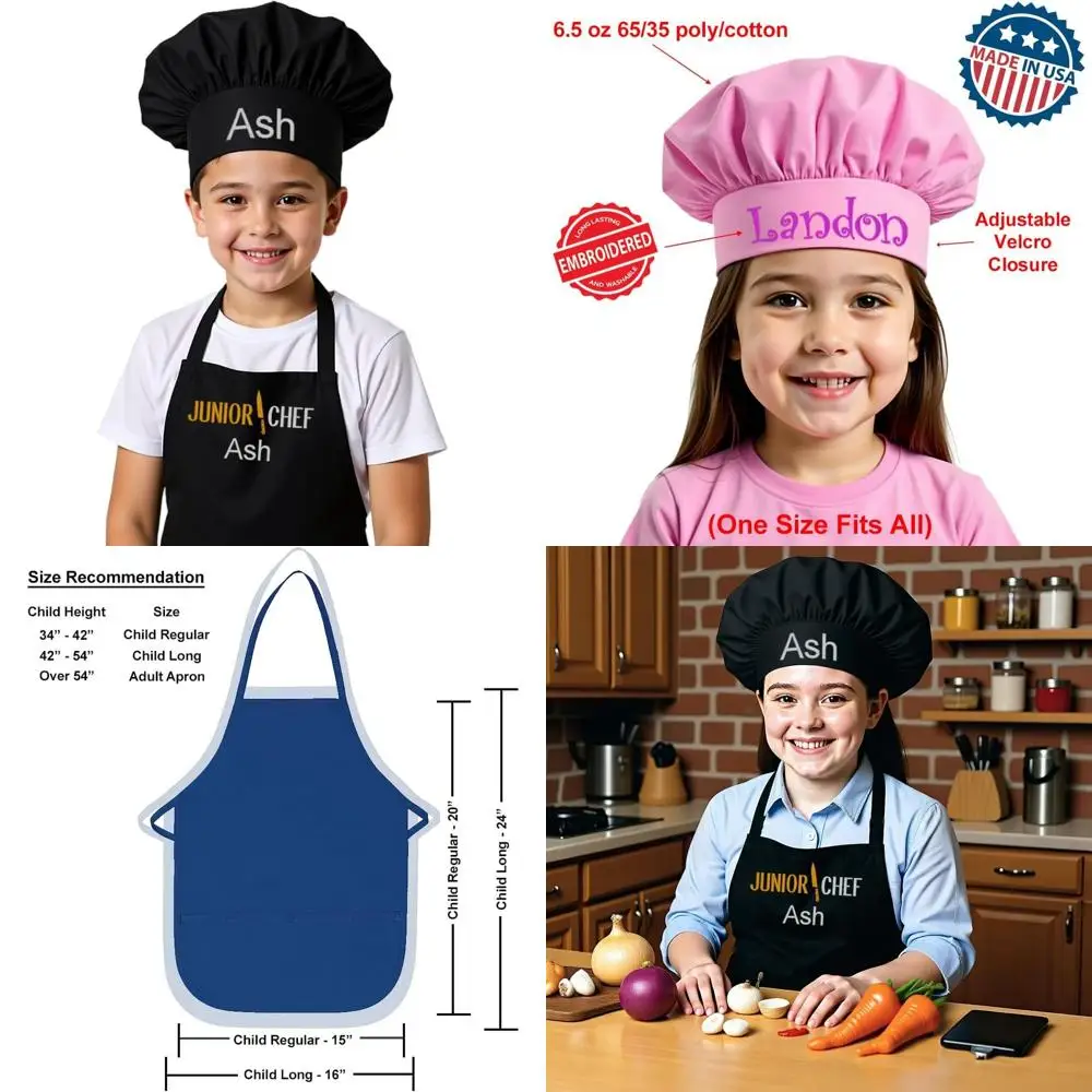 

Custom Embroidered High-Quality Child Apron with Chef Hat for Boys and Girls in the Kitchen