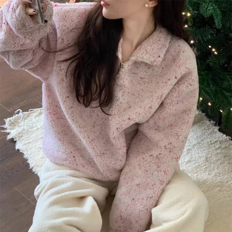 

Chic Autumn Winter Sweet Anti-Aging Lapel f Zip Mixed Color Loose Long Sve Lamb Fur Sweatirt Korean Sle Commute