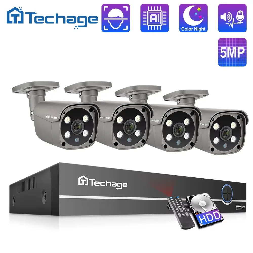 Комплект видеонаблюдения Techage, H.265, 8 каналов, 5 Мп, POE, NVR, двухстороннее аудио, ии IP-камера, ИК наружная водонепроницаемая система видеонаблюдения