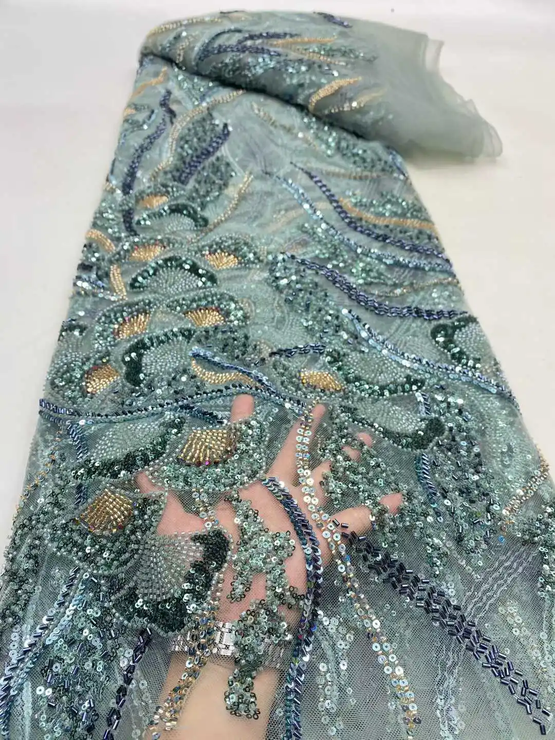 African Beads Lace Fabrics Latest Sequin Lace Fabric 5 Yards High Quality 2025 Blue Lace Fabric Nigerian Wedding Dress CC1669