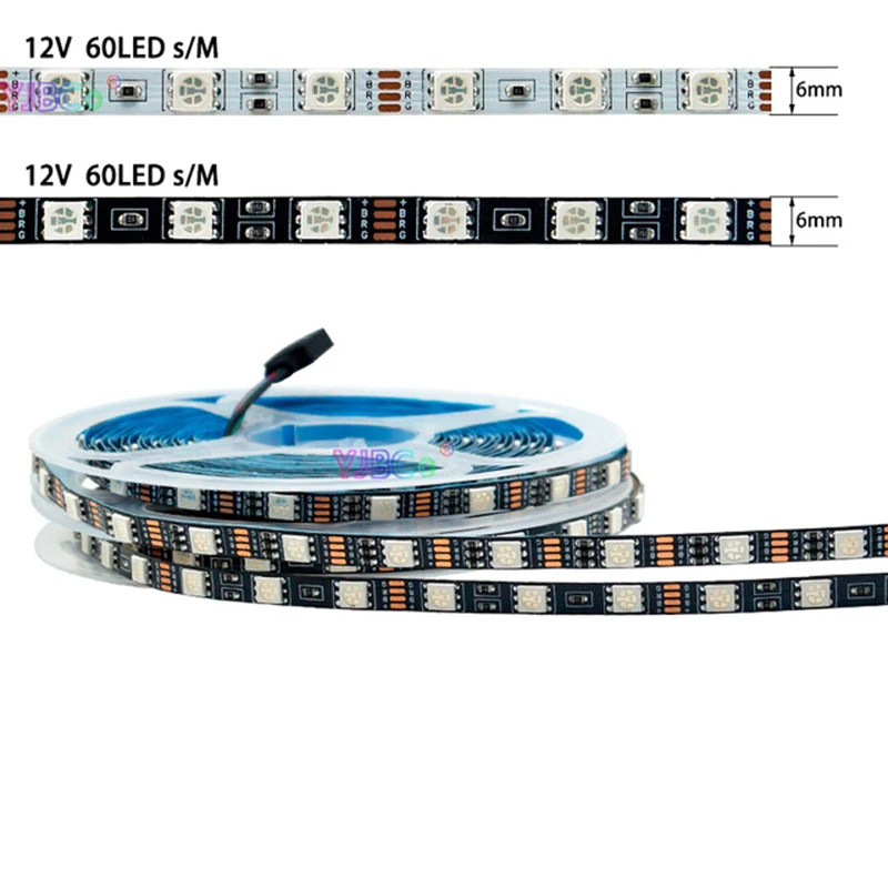

12V DC 5M SMD 5050 RGB LED Strip 60LEDs/M Narrow side 6mm width White PCB Flexible Light Tape Not waterproof Lamp Bar
