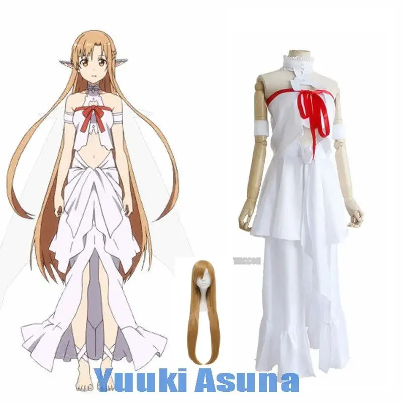 

Горячие костюмы на Хэллоуин Аниме Yuuki костюм Asuna для косплея (костюмированных игр) Sao Sword искусство онлайн костюмы тюремная юбка женский полный комплект белое платье с париком