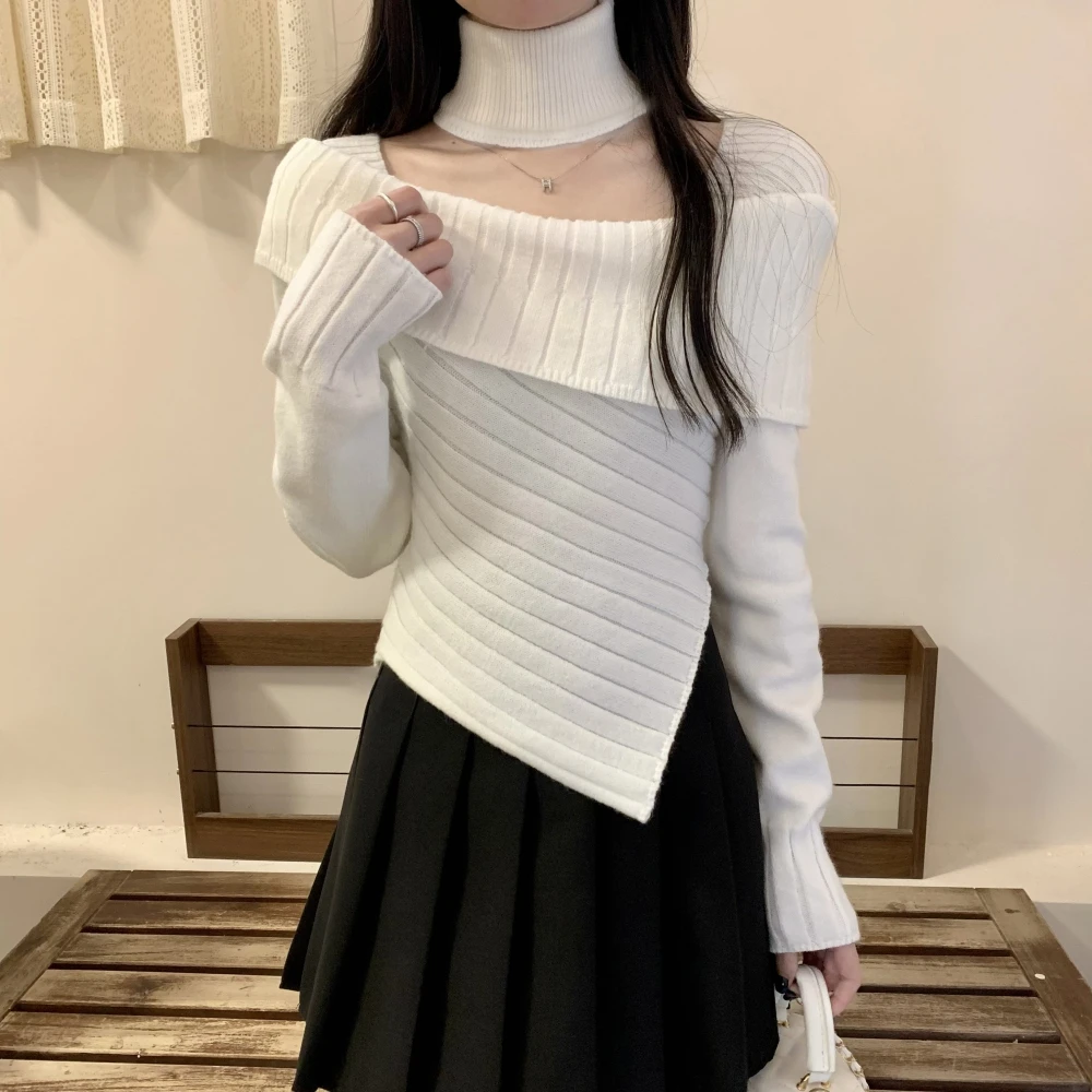 Solid Sweaters Women Slim Square Collar Irregular Hotsweet Spring Autumn Popular Minimalist Lounge American Style Simple Stylish