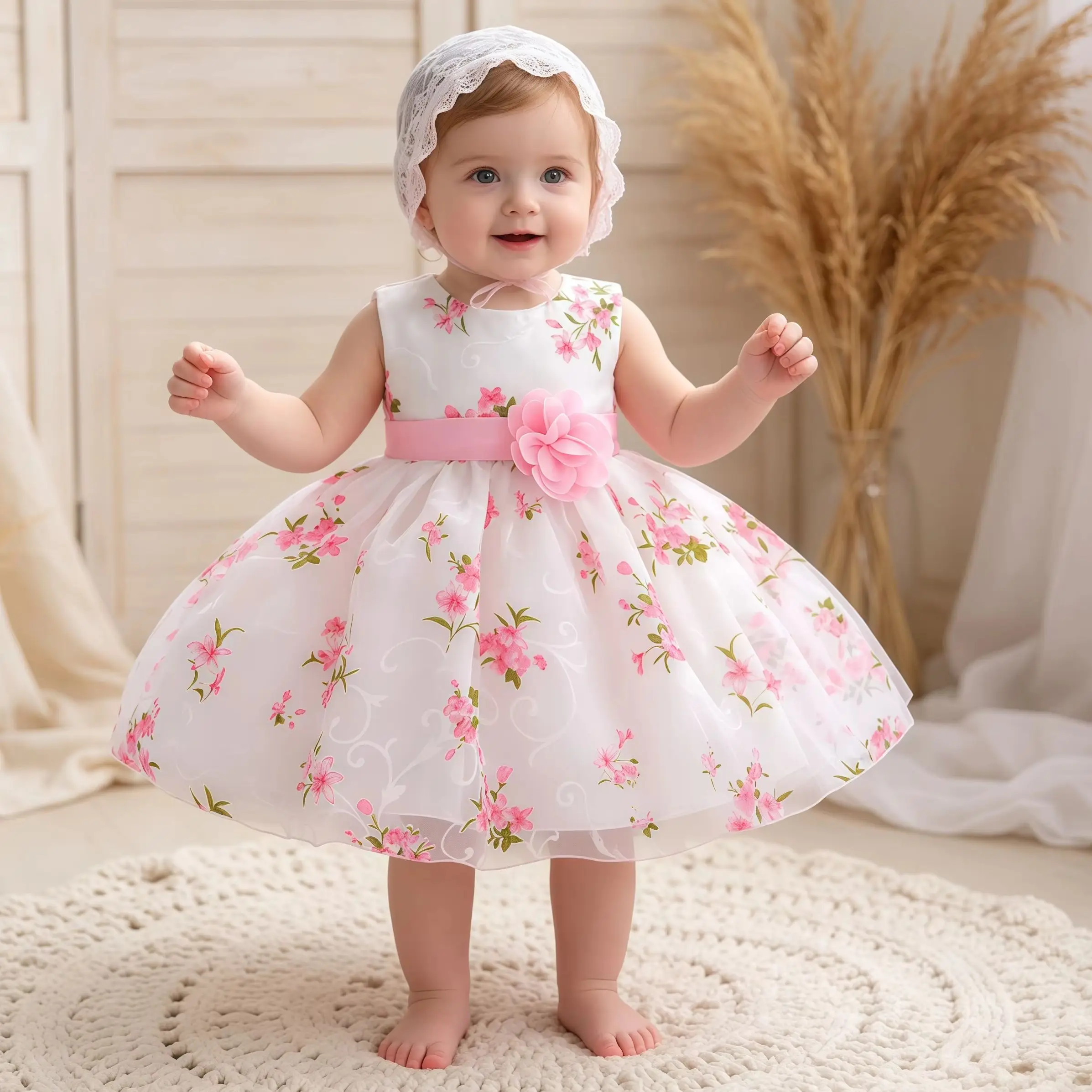 Baby Girls Elegant Princess Flower Mesh Dress For Infant Wedding Party Baptism Photo Shoot Newborn 1st Birthday Evening Vestidos