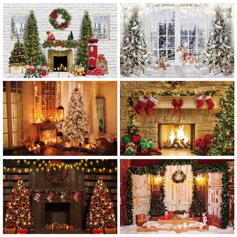 

Photocall Christmas Backdrop Window Santa Claus Fireplace Baby Portrait Party Photography Background Photozone Photo Shoot Props