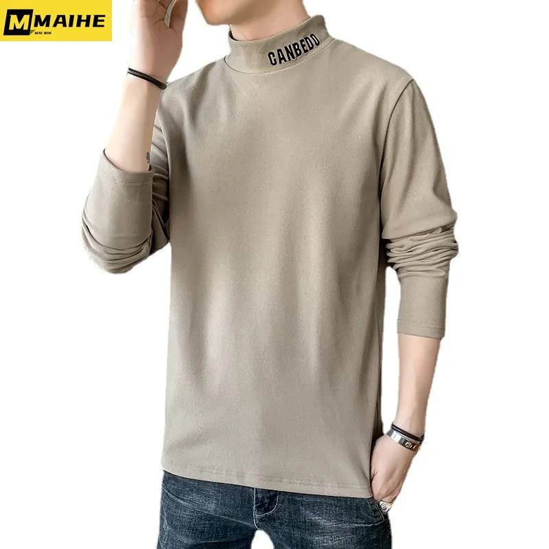 20223 Men's Pullover Casual Trend Solid Color Stand Up Collar Slim Fit Shirt Youth Base Sweater Soft Men's Luxury Clothing