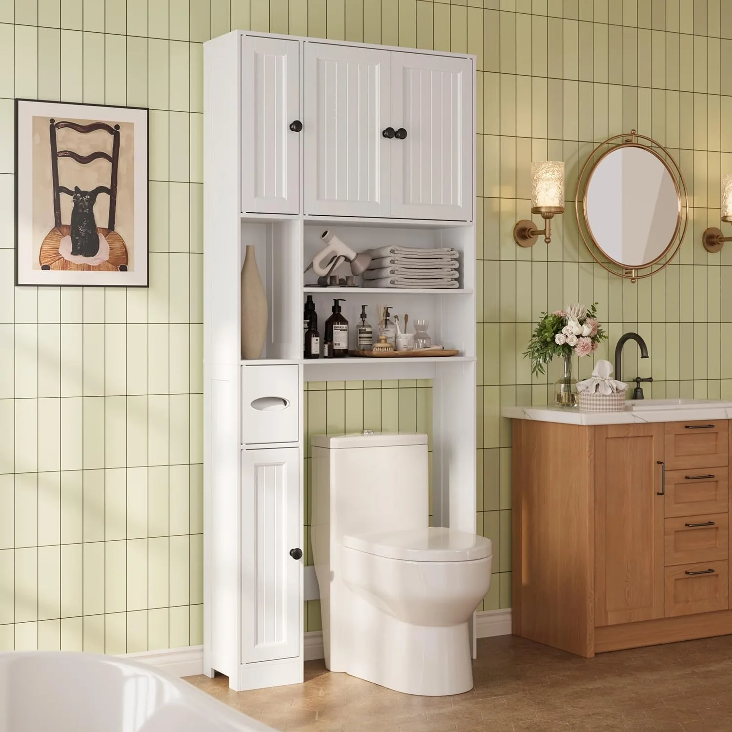 Over The Toilet Storage Cabinet, Over Toilet Bathroom Organizer with Adjustable Shelves and Five Doors, Customized
