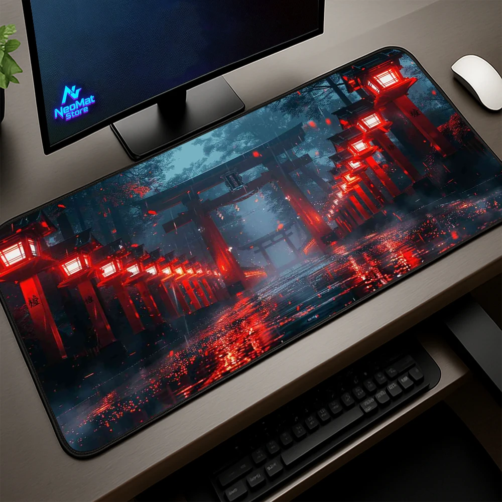 

Japanese Mousepad Glowing The Torii Gates Neon Noir Aesthetics Mouse Pad Xxl Mousemat Red and Black Computer Mat for Desk Custom