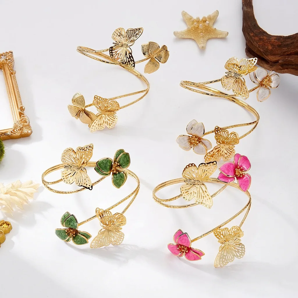 Boho Retro Elegant Enamel Butterfly Flower Arm Cuff Bangle for Women Gold Color Adjustable Spiral Design Upper Bracelet Jewelry
