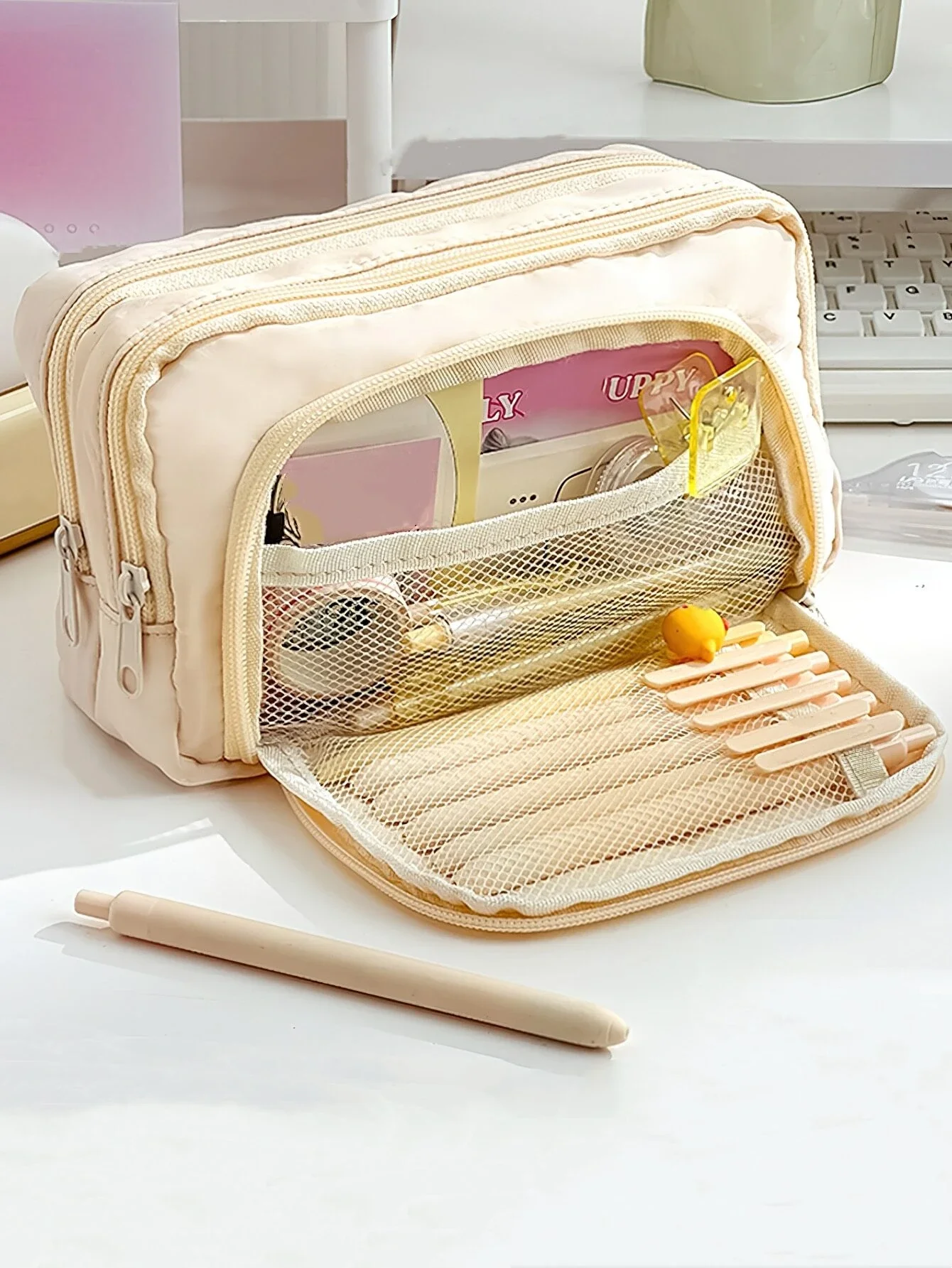 

Summer Fresh Color Pencil Case Pen Bag Dual Layer Front Open Pocket Pouch For Stationery School