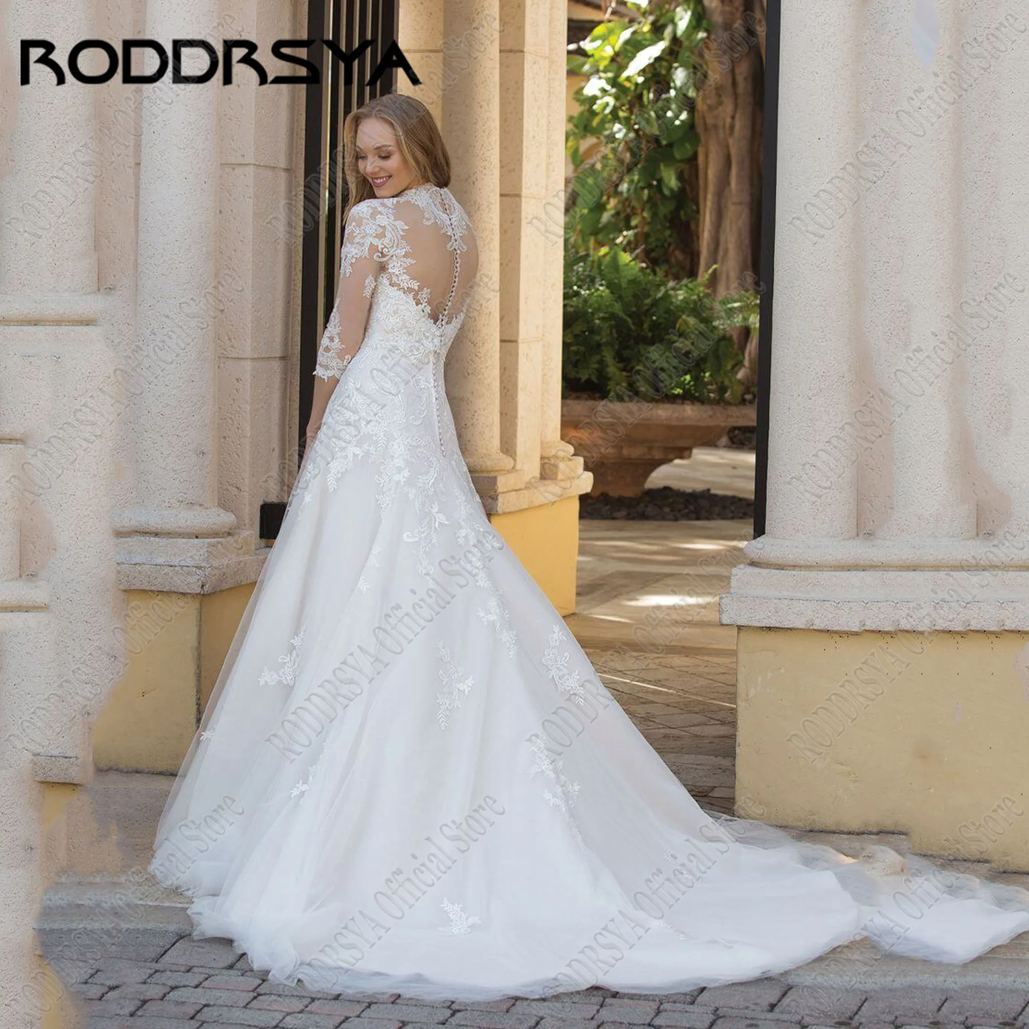 RODDRSYA-Charmante robe de mariée avec train de balayage, robes de patients A-Line, dos personnalisé, demi-manche, appliques éducativesRoddrsya charmante robe de mariée Phantom back personnalisé demi - manches applique