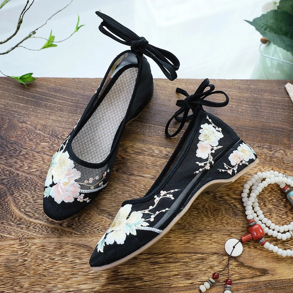 Veowalk Long Ankle Strap Summer Women Gauze Mesh Embroidered Ballet Flats Breathable Comfortable Walking Shoes for Elegant Lady