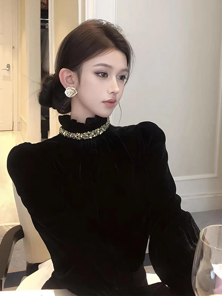 

Elegant Black Chiffon Top Fashionable Winter New Arrival plus Size Beautifully Designed French Style Slim Fit Long Sleeve Shirt