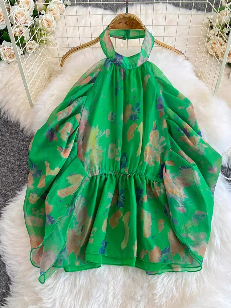 Summer Women Floral Two Piece Set Sexy Green/Pink/Yellow/Rose Red Halter Sleeveless Ruffle Tops + Long Skirt Suit Beach Vacation