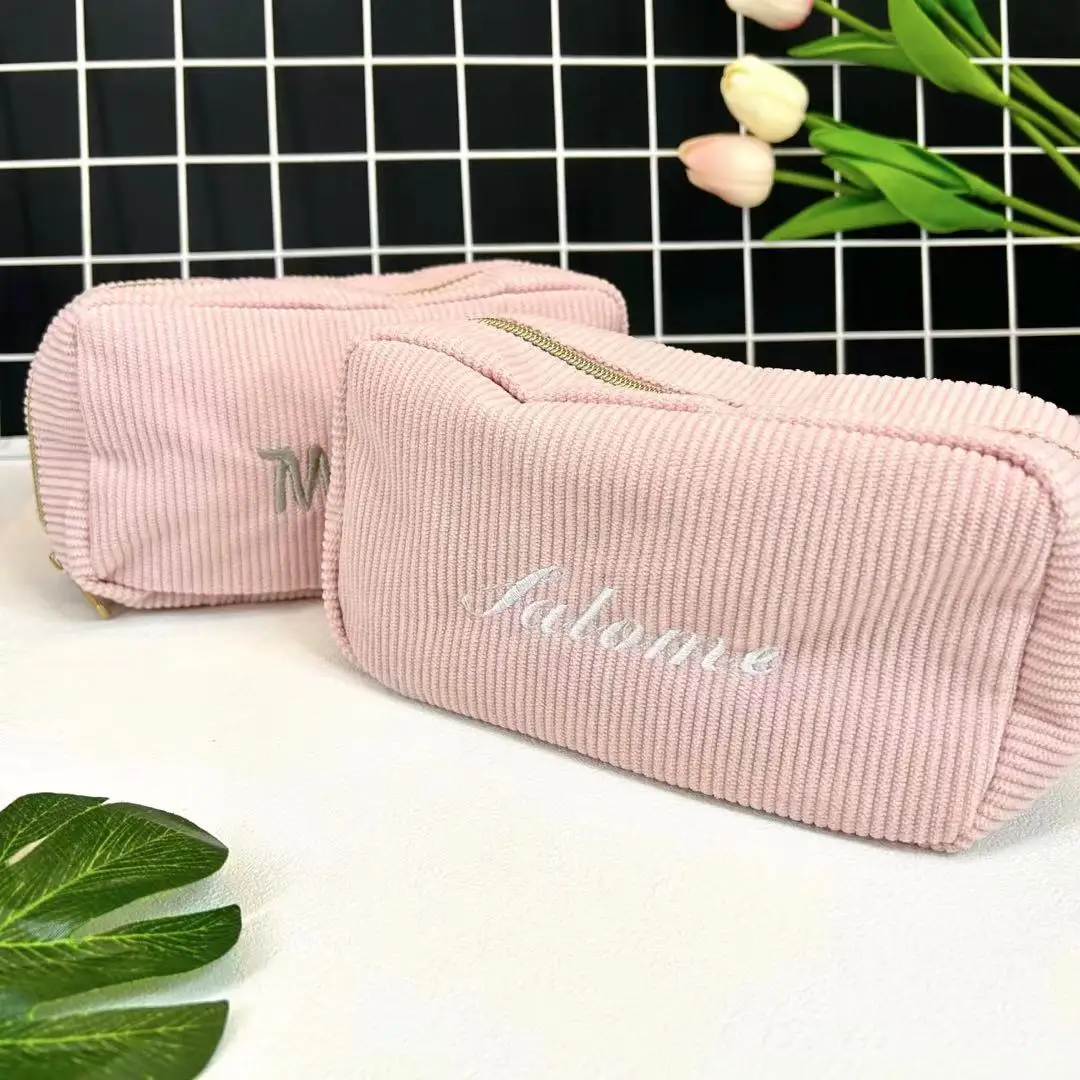 Custom Name Makeup Storage Bag Women Cosmetic Bag Corduroy Travel Personalized Portable Zipper Make Up Organizer Storage Clutch