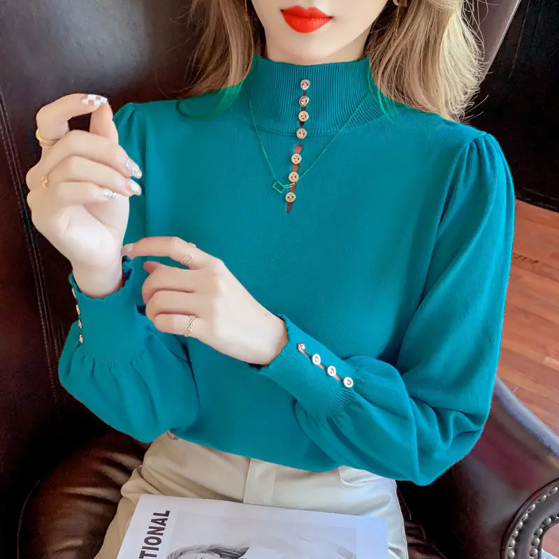 Half Turtleneck Sweater Solid Color Spring Autumn Bottoming Shirt Puff Sleeves Hollow Long-sleeved Loose Knitted Top Women