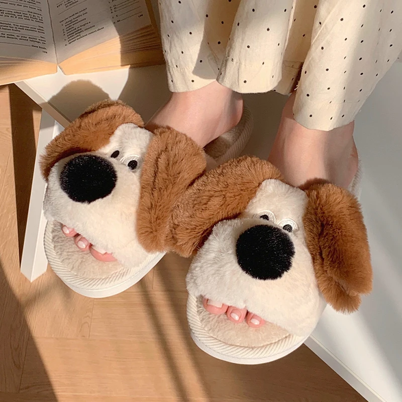 Cute cartoon dog cotton slippers suitable for winter ladies, indoor home non-slip warm, interesting animal plush shoes