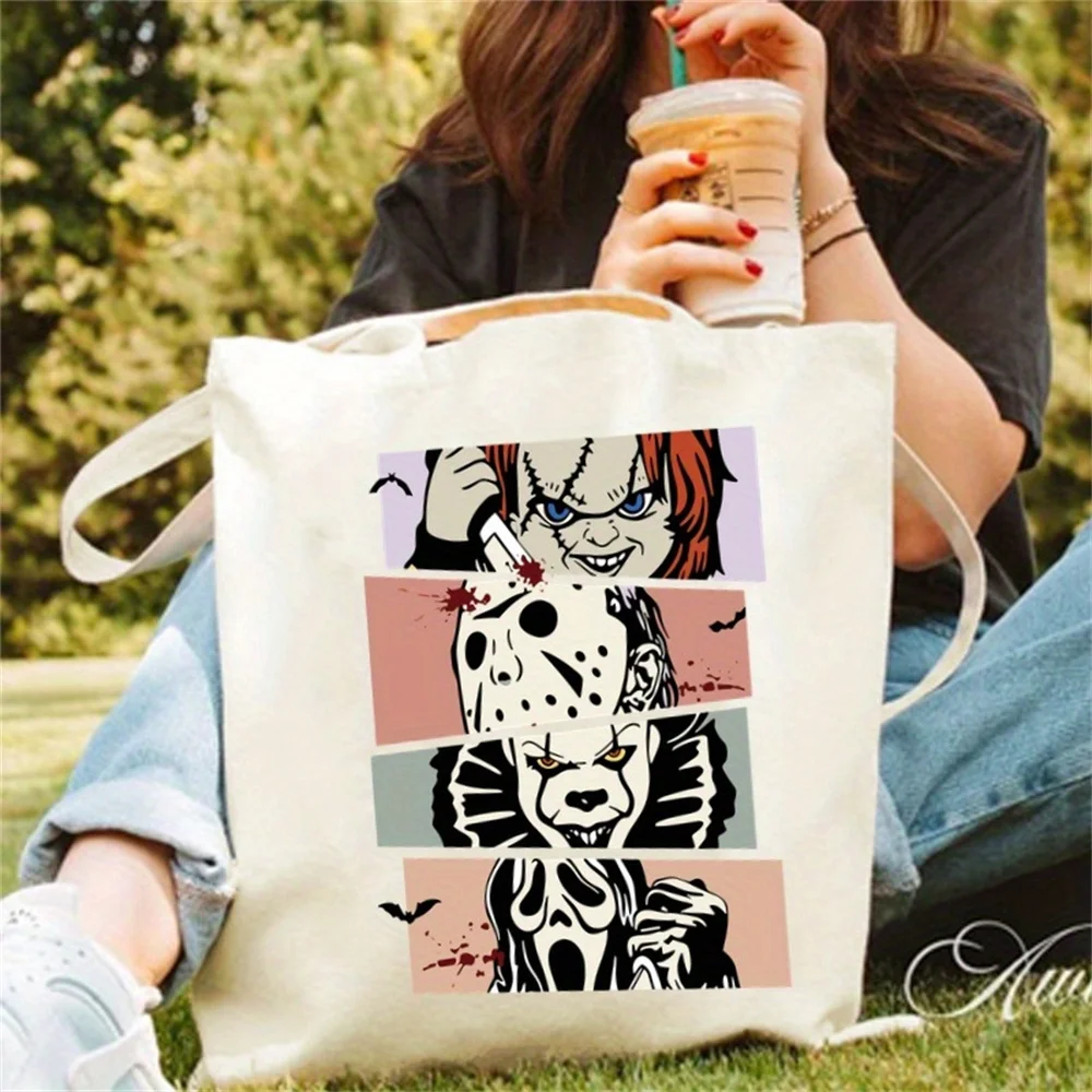 Halloween Horror Movie Canvas Tote Bag Large Capacity Durable Shoulder Handbag for Party Picnic Travel Stylish Spacious Decorate