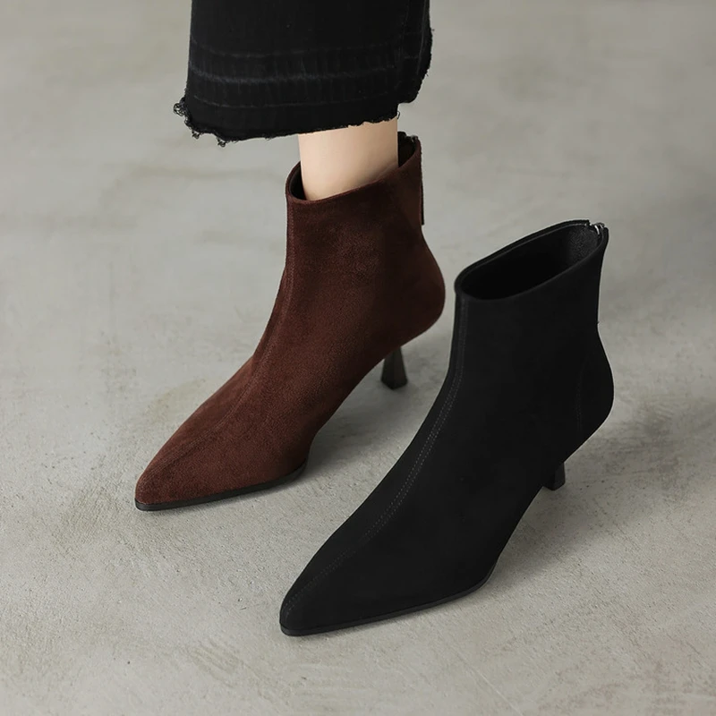 NEW Autumn/Winter Women Boots Sheep Suede Leather Shoes for Women Pointed Toe Thin Heel Shoes Zip Modern Boots Solid Short Boots