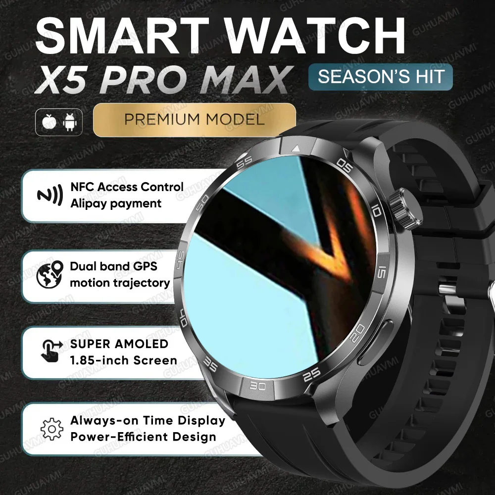 

2025 Новые часы серии 5 Pro Смарт-часы для мужчин 1,85-дюймовый AMOLED-экран Bluetooth Вызов GPS Траектория NFC Смарт-часы с пульсометром и компасом