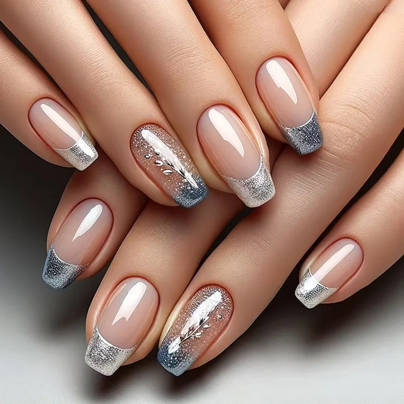 

24pcs French Blue Press-On Nails - Silver Leaf Accents & Glitter Borders Medium Ballet Shape Elegant Luxe Style