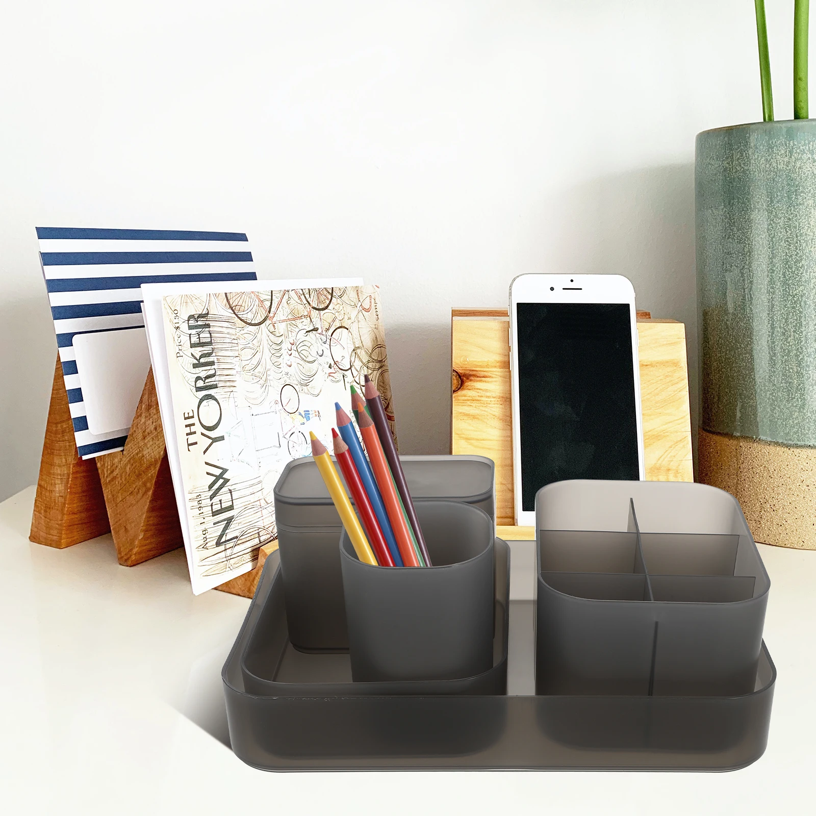 

5pcs Brush Pen Holder Makeup Cosmetics Nail Supplies Storage Organizer Desktop Container Multiple Grids Durable Plastic Office