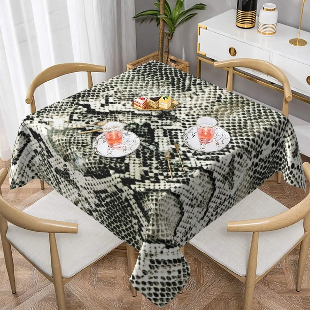 Trendy Snakeskin Tablecloth White Snake Print Outdoor Table Cover Elegant Custom Table Cloth Decoration For Kitchen Dining Room