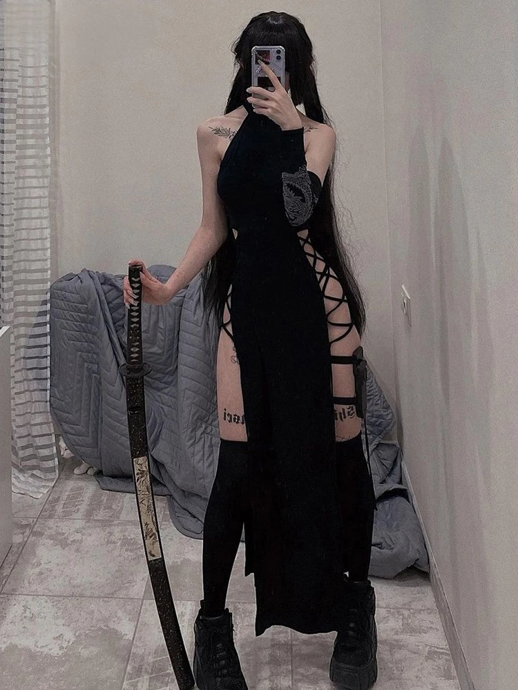 

Goth Dark Cosplay High Split Sexy Bandage Women Dresses Y2k Mall Gothic Halter Slim Midi Dress Black Grunge Style Alt Partywear