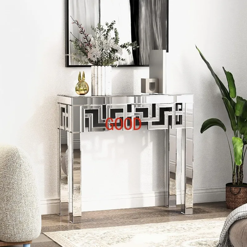 Silver Console Table with Mirrored Finished, Modern Glass Entryway Table Geometric Design, 32 inches Wide