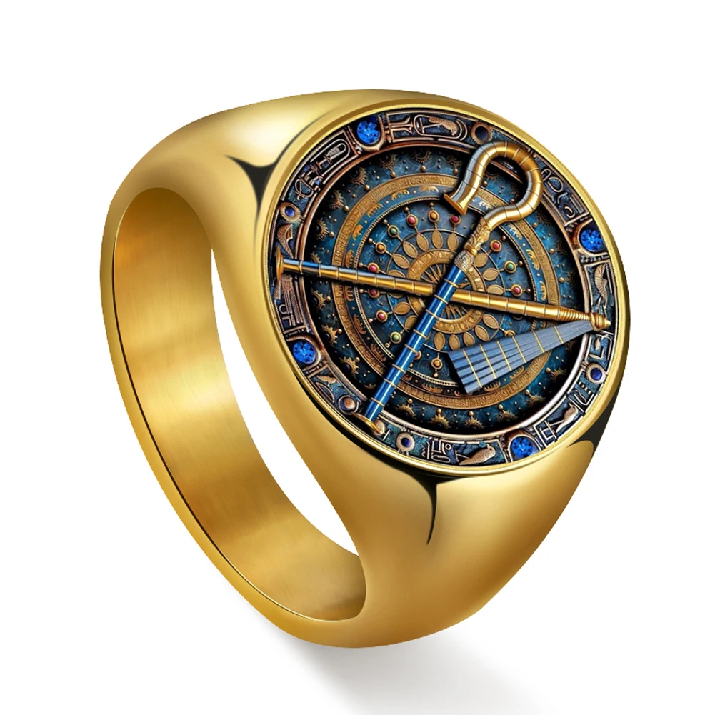 Ancient Egyptian Crook and Flail Men Ring Strength Symbol UV Carved Pharaoh Scepter Mythology Totem Stainless Steel Jewelry