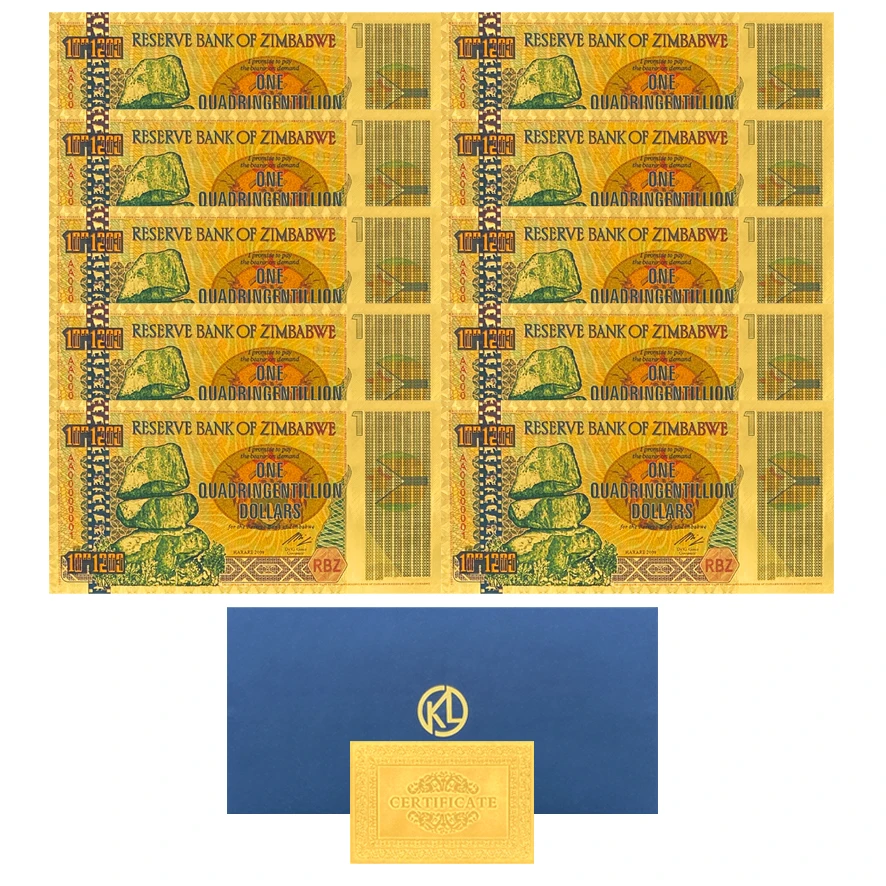 

Zimbabwe Gold Plated Banknote One Quadringentillion Dollars Gold Foil Banknote Note 10^1200 With Animal Print For Gifts