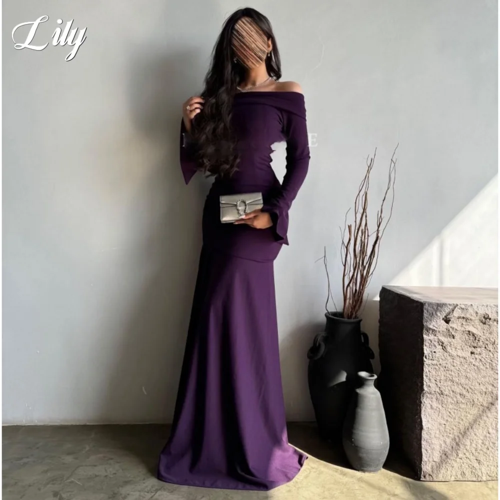 

Lily Purple Mermaid Pleats Party Dress Off The Shoulder 프롬 드레스 Elegant Puffy Sleeve Asymmetric Train Gala Prom Dress Customized