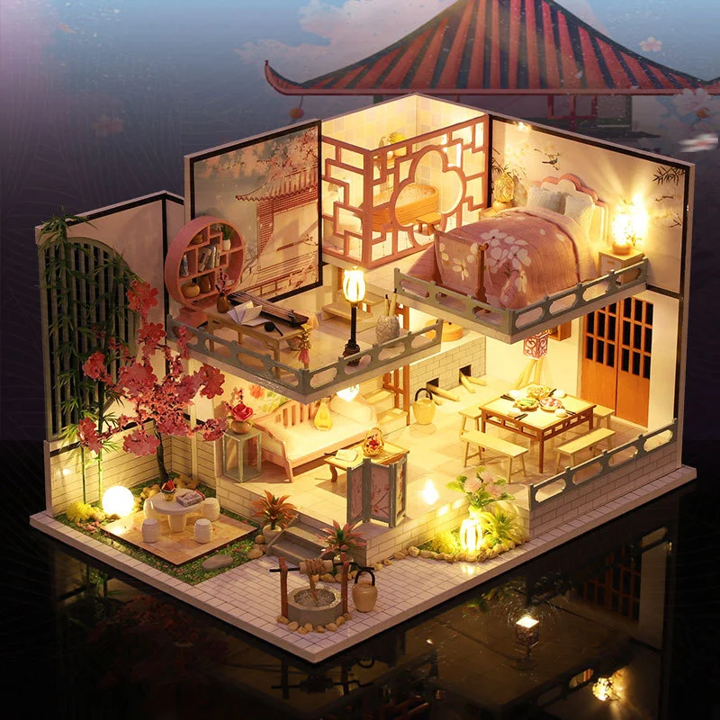 DIY Wooden Miniature Model Kit Japanese Cherry Blossom House Casa 3D Puzzle Dollhouse With Furniture Lights for Friends Gifts