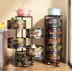 Mobile Cart round Storage Rack without Installation, Kitchen Fruit and Vegetable Multi-Layer Shelf Storage Rack