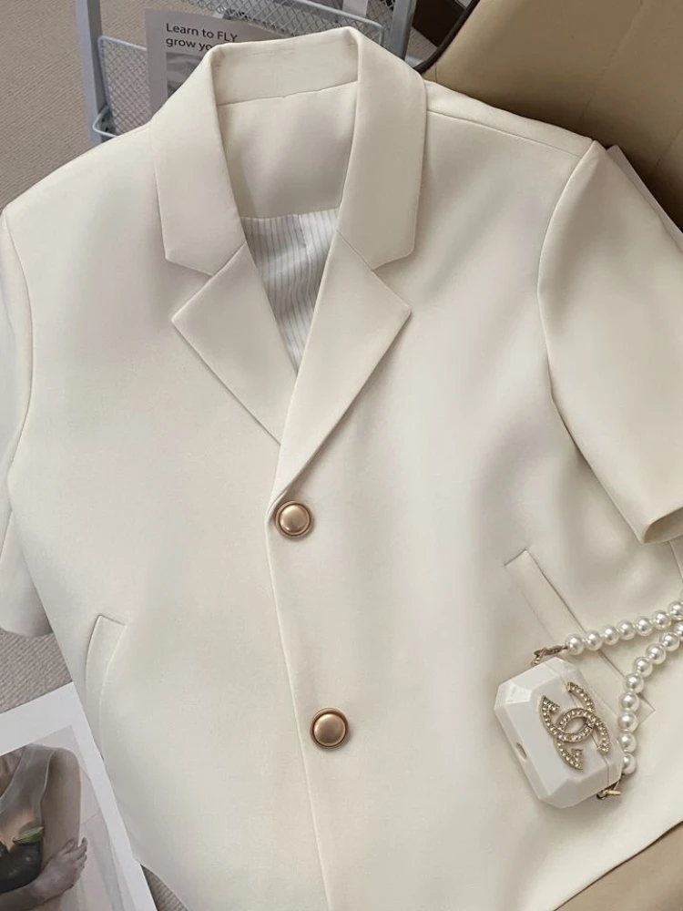 Off-White Women's Short-Sleeve Blazer Summer New Crop Jacket Single-breasted Tops Office Ladies Suit Coat Lapel Design Clothing