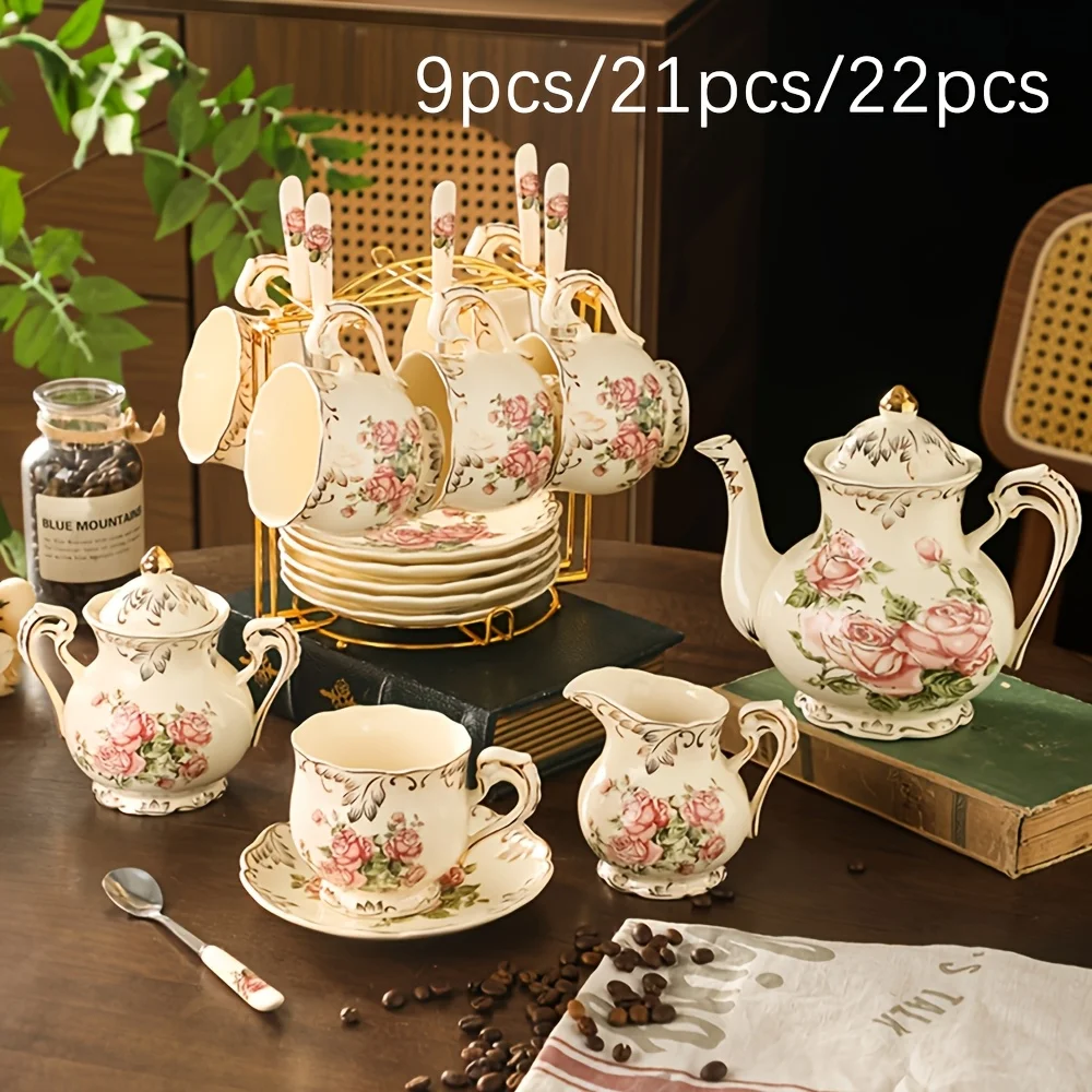 

European Style Rose Tea Set - 9/21/22pcs Gold Trim Porcelain Teapot Cup Set with Display Rack - Decorative Kitchen Tableware