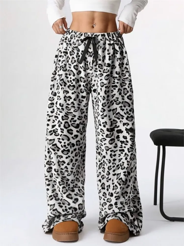 Women Casual Loose Wide Leg Long Pants Elastic Waistband Drawstring Tie Pajama Bottoms Leopard Print Wide Leg Lounge Pants