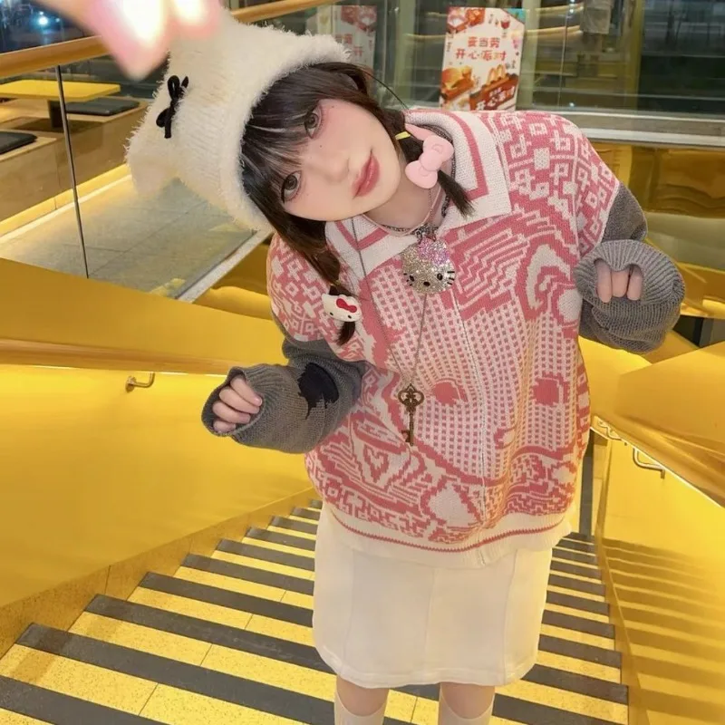 Cardigan lavorato a maglia da donna con stampa Sanrio Hello Kitty Giacca da donna coreana con cuciture a contrasto di colore Y2k Top maglione dolce cartone animato
