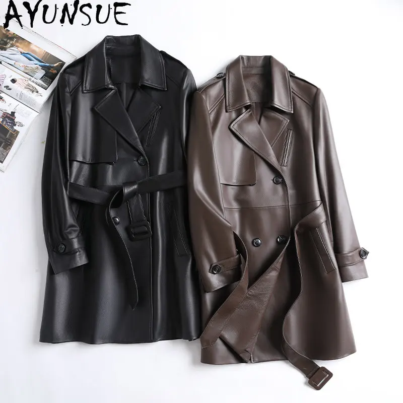 

AYUNSUE Trench Coat Women Genuine Leather Jacket Women 2023 Sheepskin Leather Coat Elegant Leather Jackets Windbreaker Fashion