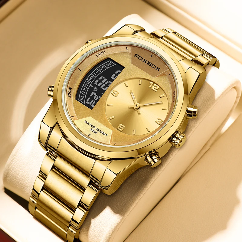 FOXBOX 2024 Mode Quartz Horloge Mannen Dual Display Luxe Horloges Mannen 30 m Waterdichte Digitale Lichtgevende Horloge Reloj Hombre nieuwe