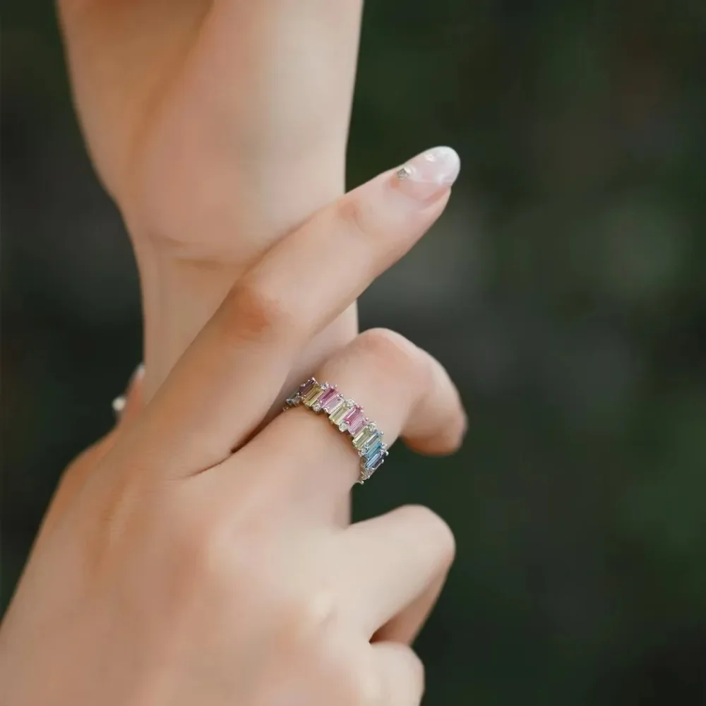 ALLNOEL 100% 925 Sterling Sliver Eternity Finger Rings for Women Rainbow Zircon Colorful CZ Engagement Wedding Band Jewelry Gift - Image 4