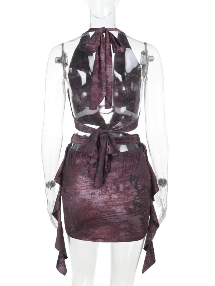 Foamlina feminino impresso halter mini vestido y2k clubwear verão moda profundo decote em v sem mangas sem costas recorte magro vestido de festa