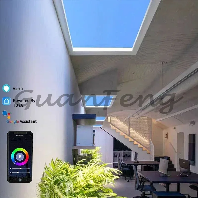 Round Artificial Sun Skylight, Ceiling, Intelligent False Window Light with Vivid Blue Sky Effect, Space Decorative Light